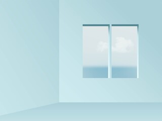 Square window view from blue empty room abstract background. View on blue sky, sea and clouds vector illustration. Abstarct minimal interior design of walls, floor and circular window
