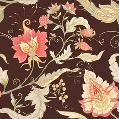 Foto op Plexiglas Bruin Naadloze patroon met gestileerde sierbloemen in retro, vintage stijl. Jacobijnse borduurwerk. Gekleurde vectorillustratie op chocolade bruine achtergrond.