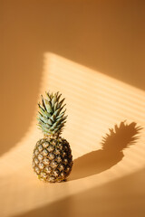 Pineapple with hard trendy shadow on pastel yellow background.