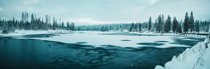 Beautiful winter mountain scene of a frozen lake and nature. Dramatic snow nature with dramatic weather vibes. Oderteich, Harz National Park in Germany