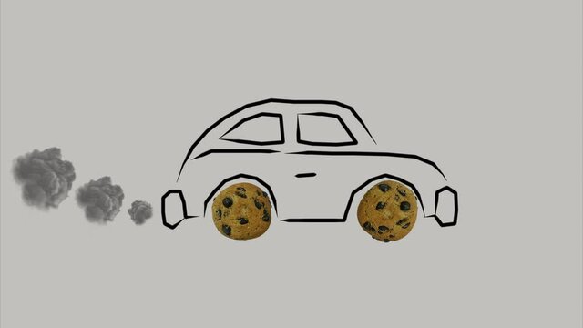 Drawn car with cookies instead of wheels. Imitation of car movement with exhaust gases.