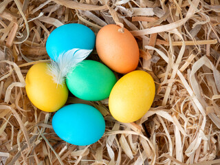 Easter eggs of different colors in the nest. Close-up. Happy Easter