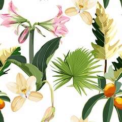Fototapeta na wymiar Tropical leaves with flowers. Seamless design with amazing palant with flowers. Fashion, interior, wrapping, packaging suitable. Realistic branch on white background.