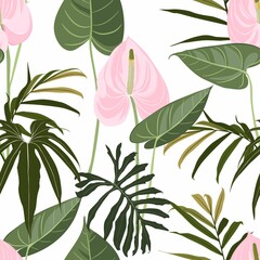 Seamless pattern with tropical pink flowers. Colorful exotic plants and branches art print for textile, fabric, covers.