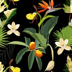 Tropical leaves with strelitzia flowers. Seamless design with amazing palant with flowers. Fashion, interior, wrapping, packaging suitable. Realistic branch on black background.