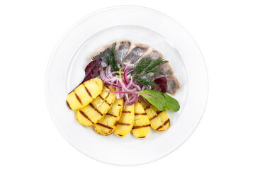 Close-up homemade salting herring with baked potatoes, red onion rings in oil and dill.