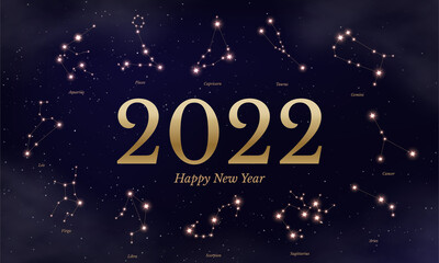 2022 zodiac calendar vector illustration. Astrological symbols on dark blue starry background. Twelve horoscope signs. New year scheduler and planner poster.