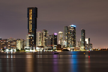Miami night. Skyline of miami biscayne bay reflections, high resolution.