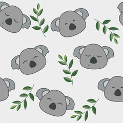 Cute koala seamless pattern vector. Coala and leaves cartoon style illustration for baby and kids background.
