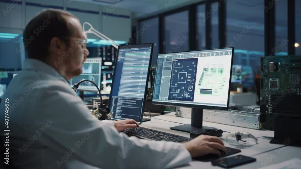 Poster modern electronics facility: scientist, engineer works on computer with cad software. does design, d
