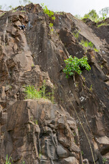 View of a climbing wall with a climber in it's top