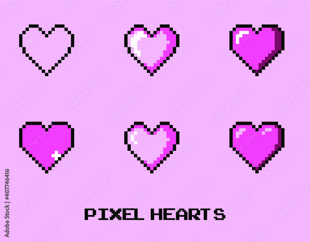 Poster set of pixel art heart icons. vector 8-bit retro style illustration.