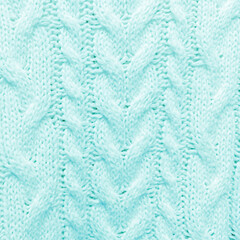 Turquoise blue knitted textured pattern. Square background.
