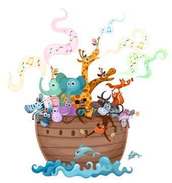 Noahs ark with funny cute animals on board