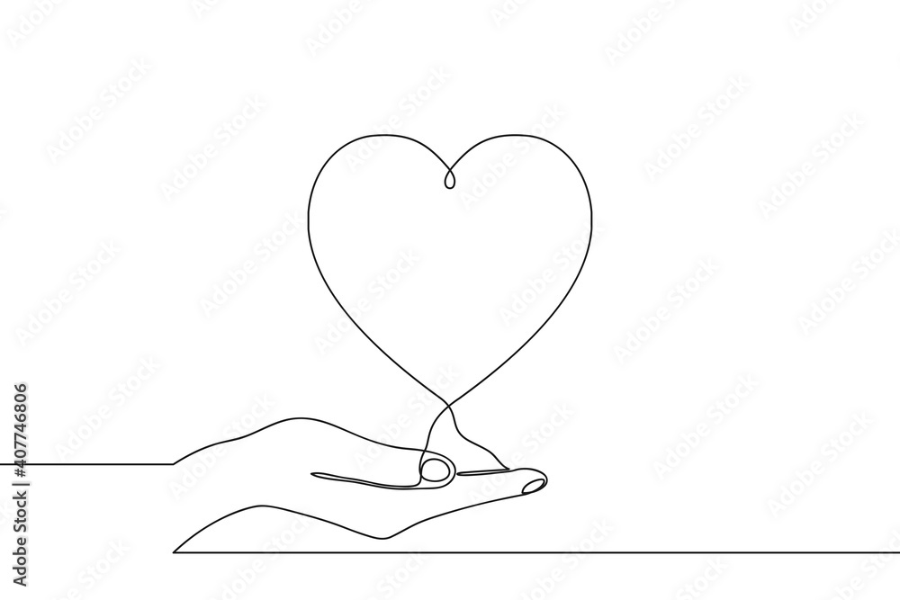 Poster continuous one line drawing of hand holding heart on palm. vector illustration.