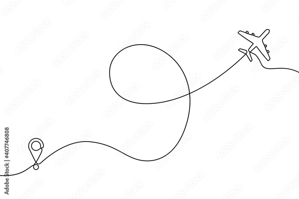 Poster Continuous one line drawing of airplane path. One single line air plane route with a start point and and trace. Vector illustration.