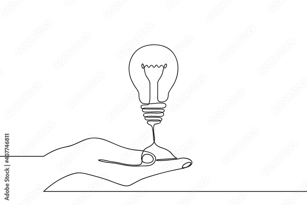 Poster continuous one line drawing of hand holding electric light bulb at palm arm. concept of idea emergen