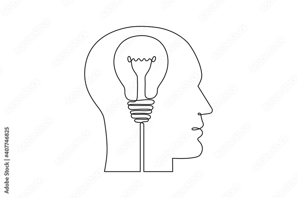 Poster continuous one line drawing of human head and electric light bulb. concept of idea emergence. vector