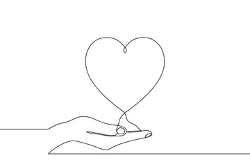 Continuous one line drawing of hand holding heart on palm. Vector illustration.