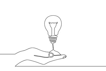 Continuous one line drawing of hand holding electric light bulb at palm arm. Concept of idea emergence or generate and giving business ideas. Vector illustration.