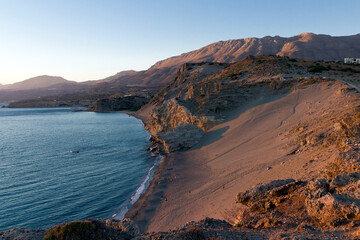 Crete - Majestic scenic landscape, Melissa Cape huge sandhills at sunset, beautiful beach of prefecture Rethymno, Greece
