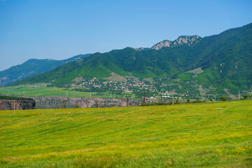 Fototapeta na wymiar Beautiful landscape with green field and mountains, Armenia
