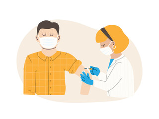 The doctor or nurse injects the vaccine. The patient is an adult male. Flu vaccination concept. Coronavirus vaccine. Vector flat illustration EPS 10.