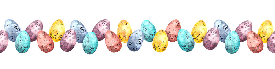 Watercolor seamless border with colorful Easter eggs for Easter on a white background.Easter illustration for holidays, postcards, packaging.