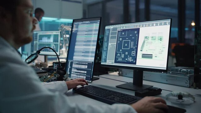 Modern Electronics Facility: Scientist, Engineer Works on Computer with CAD Software. Does Design, Development of Industrial PCB, Silicon Microchips, Semiconductors. Over the Shoulder Close-up
