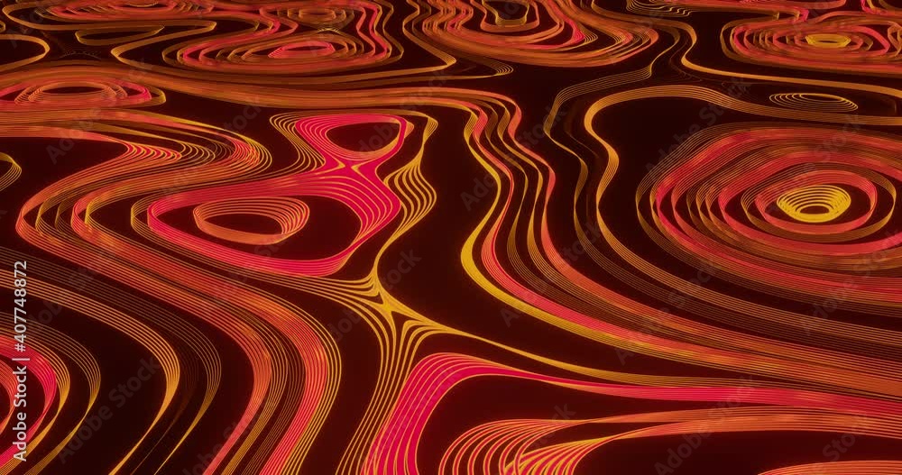 Poster animation of glowing formation of red and orange liquid lines moving on seamless loop