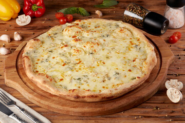 Pizza, variant of classic Italian pizza, wooden background