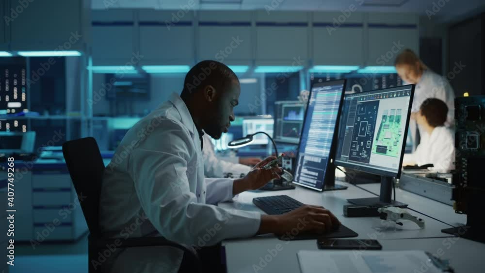 Aufkleber modern electronics development facility: diverse team of multi-ethnic engineers and scientists work 