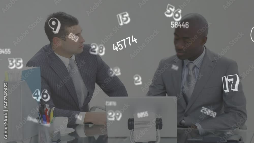 Poster digital animation of multiple changing numbers and symbols against two businessman using laptop