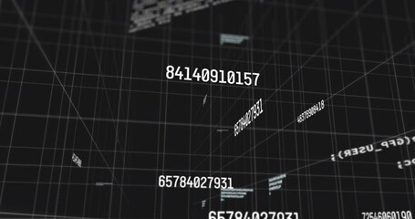 Digital animation of multiple changing numbers against data processing on black background - Powered by Adobe