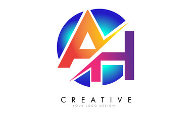 Colorful AH A H Letter Logo Design with a Creative Cut and Gradient Blue Rounded Background.