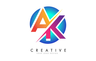 Colorful AK A K Letter Logo Design with a Creative Cut and Gradient Blue Rounded Background.