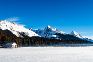 Panoramic winter view of Maligne Lake in Jasper National Park, Canada