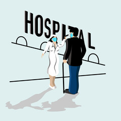 A nurse at the entrance to the hospital measures the patient's temperature. Vector illustration.