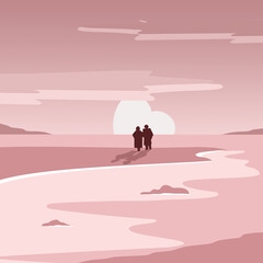 An elderly couple stands thoughtfully on the shore. Vector illustration.