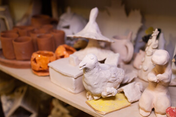 working table of a ceramist, clay workshop