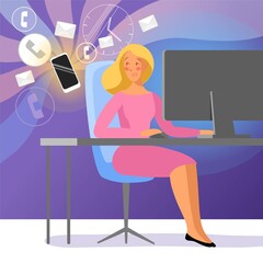 Woman with a phone. Modern life with a smartphone. Distract from work. Annoying notifications. Cartoon style