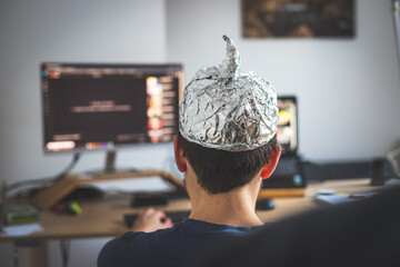 Conspiracy theory concept: young man is wearing aluminum head, sitting in front of the pc watching...