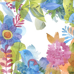 Template for a postcard, decorated with large wildflowers. Watercolor drawing.