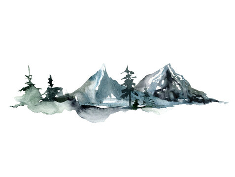 Watercolor landscape of forest and mountains. Hand painted abstract winter fir and pine trees. Minimalistic illustrations isolated on white background. For design, print, fabric or background.