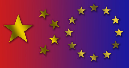 The Turkish flag logo of a white crescent and star with the circle of gold stars of the European Union flag on a red and blue background