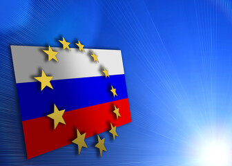 EU circle of gold stars over the Russian flag, on a dark blue background with an empty area