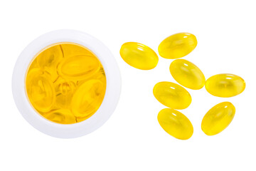 fish oil capsules isolated on white background. Omega 3 Top view