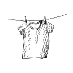 Hand drawn sketch of T-shirt hanging on rope on a white background. Laundry, clothes washing routine
