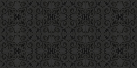 Plakat Old gray anthracite black vintage shabby damask floral flower leaves patchwork tiles stone concrete cement wall texture background