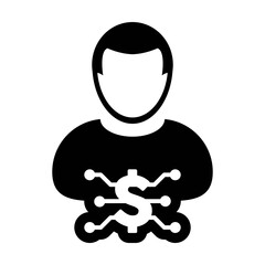 Digital dollar icon vector currency symbol with male user person profile avatar for digital currency in a glyph pictogram illustration